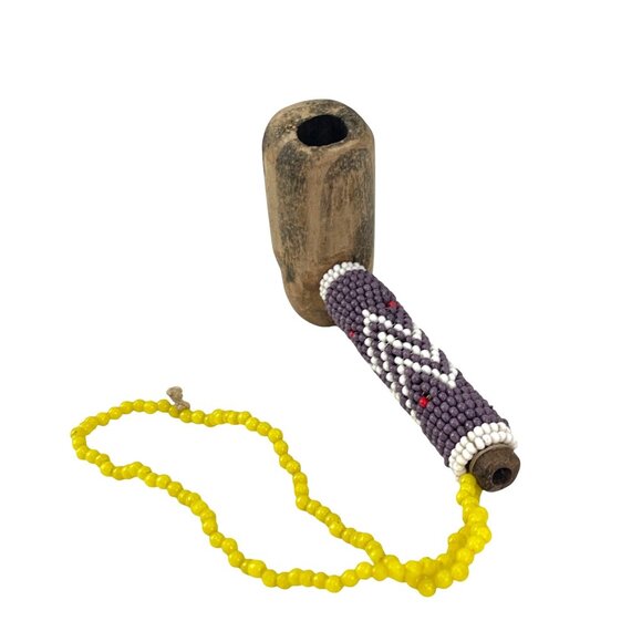 Vintage Wooden Beaded Pipe With Yellow Bead Strap - Picture 7 of 7